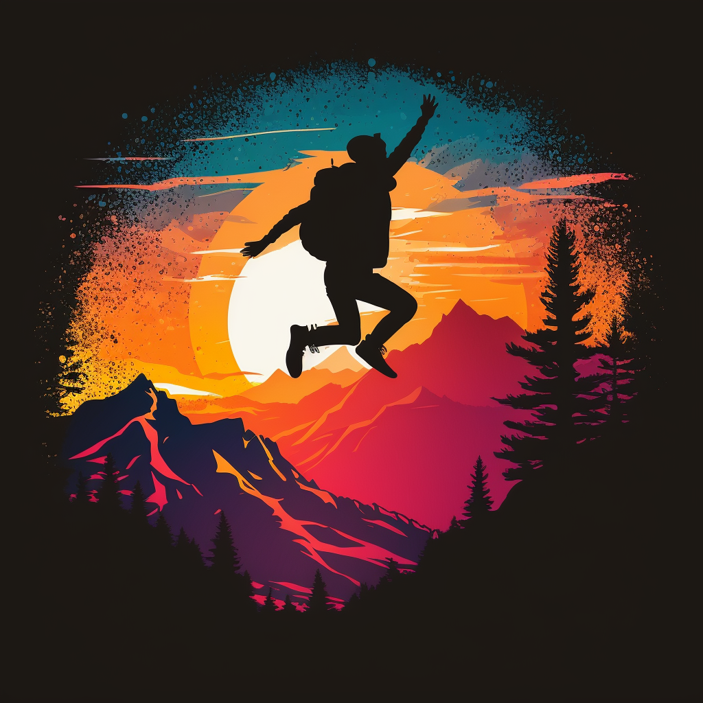 AI image of a silhouette of a man jumping at the top of a mountain. Represents the journey of personal development.