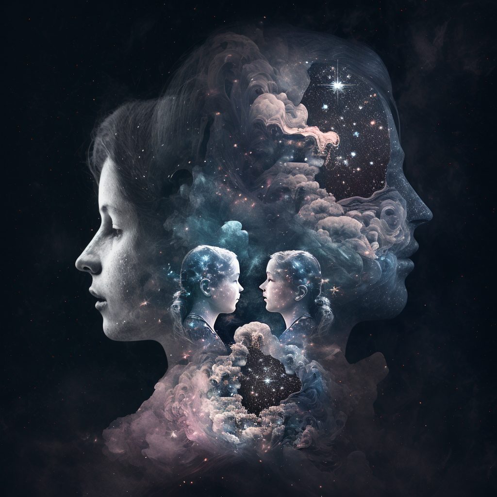 Double Exposure photo of a family with the stars and cosmos. This is meant to resemble family and parental alienation.