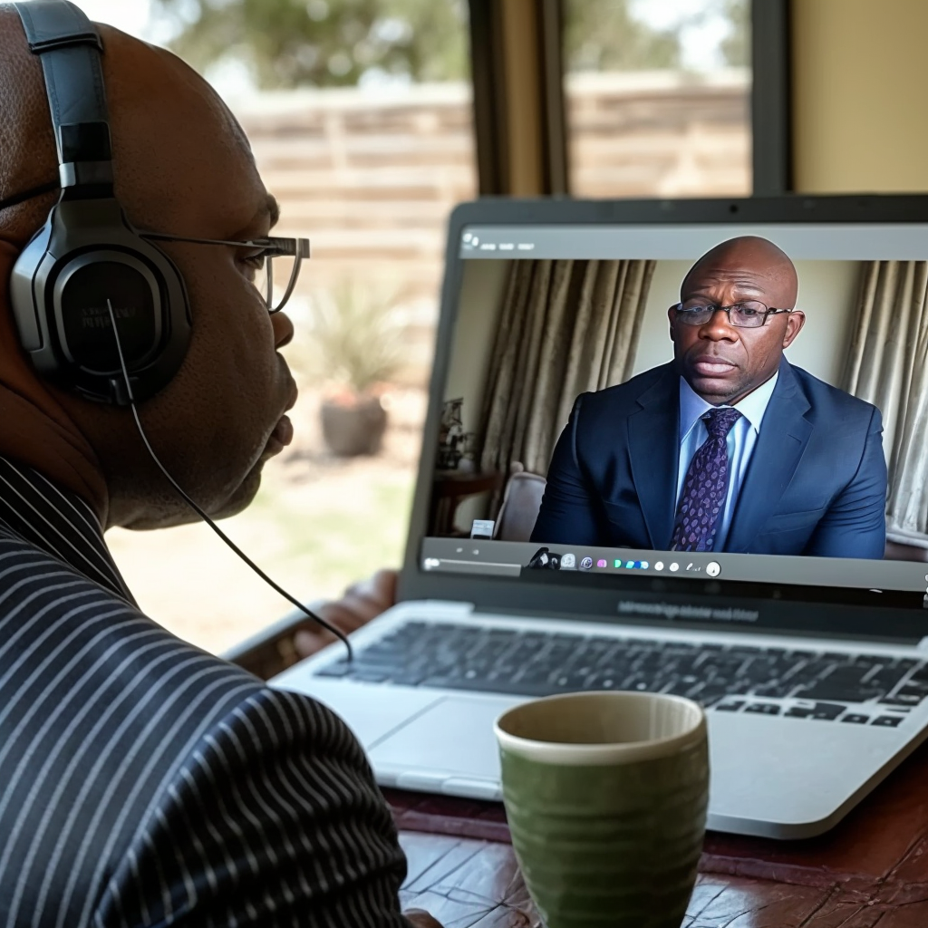 AI generated image of a coach speaking to a client virtually. Represents coaches and consultants