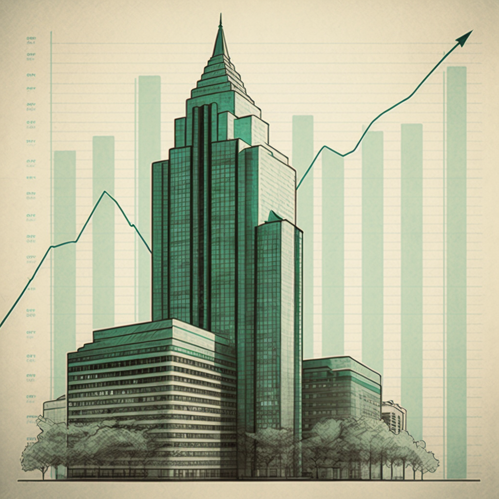 AI generated image. Pencil drawing of a building with a finance line chart in the background.